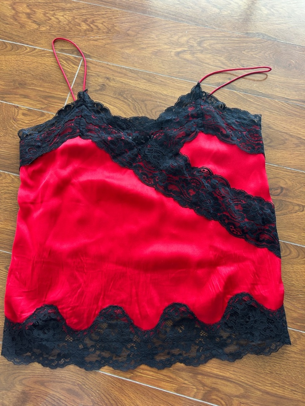 Alice + Olivia Red Satin Cami with Black Lace Trim